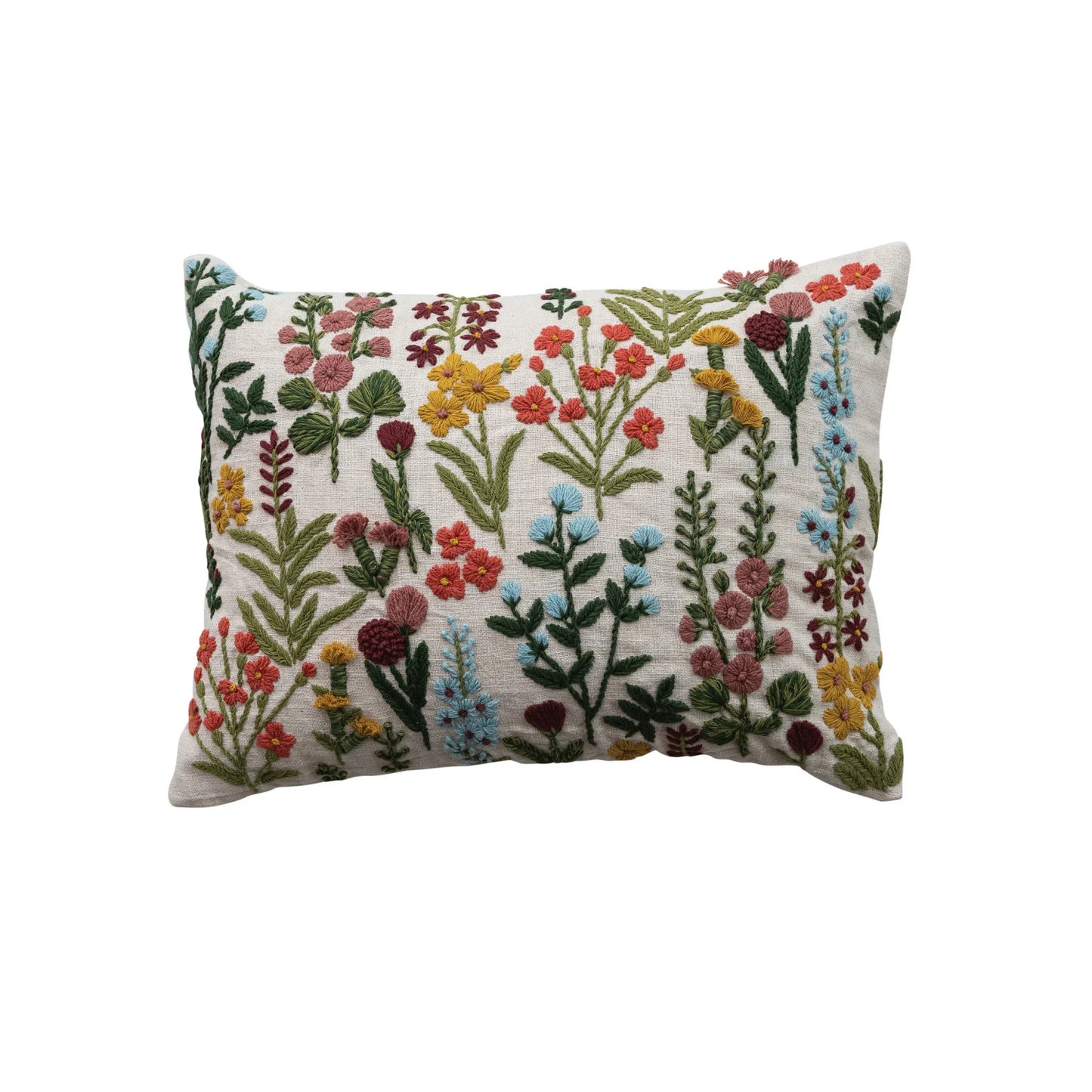 A rectangular throw pillow with a linen base covered in colorful embroidered wildflowers and green leaves, shown against a plain white background.