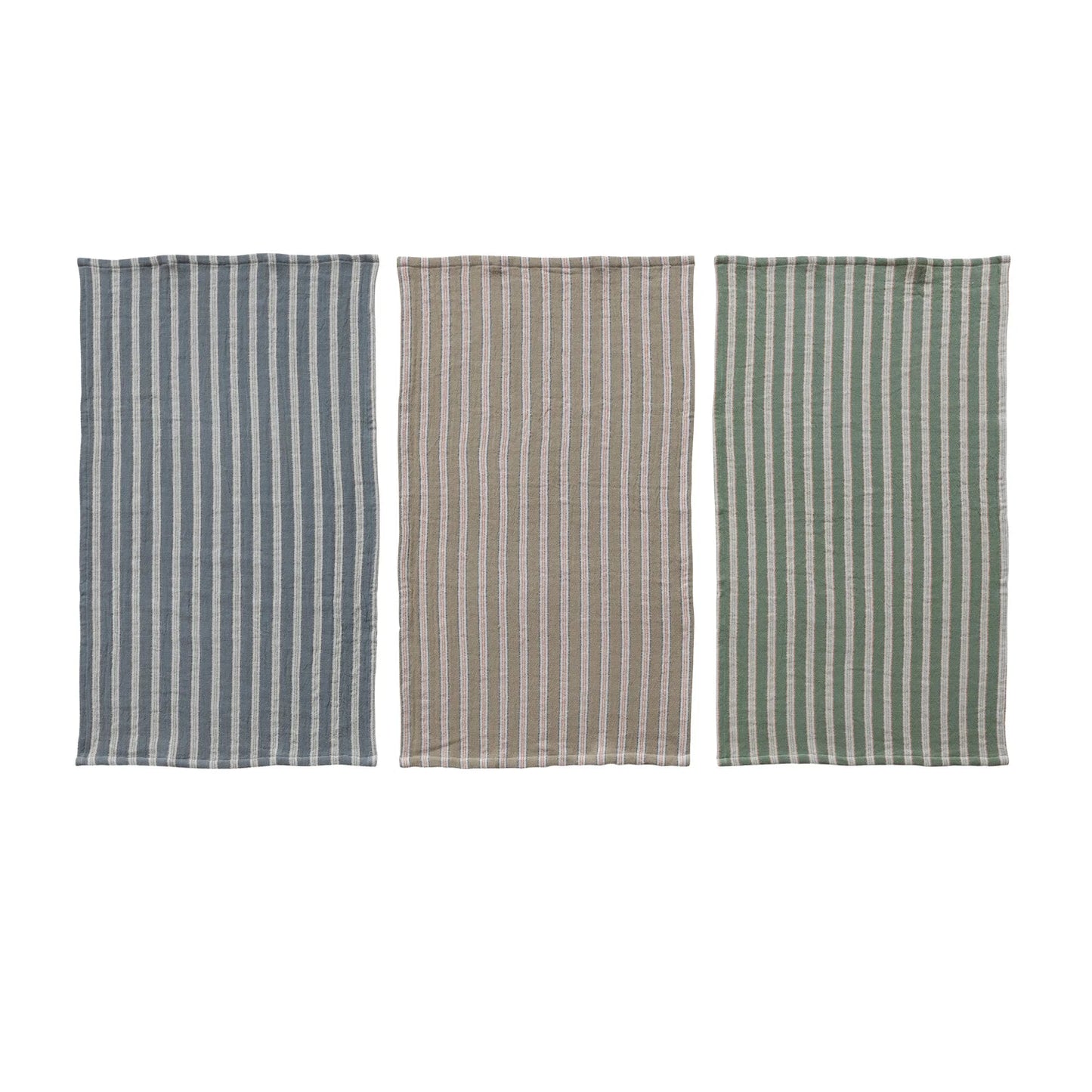 3 towels laying flat on a white background