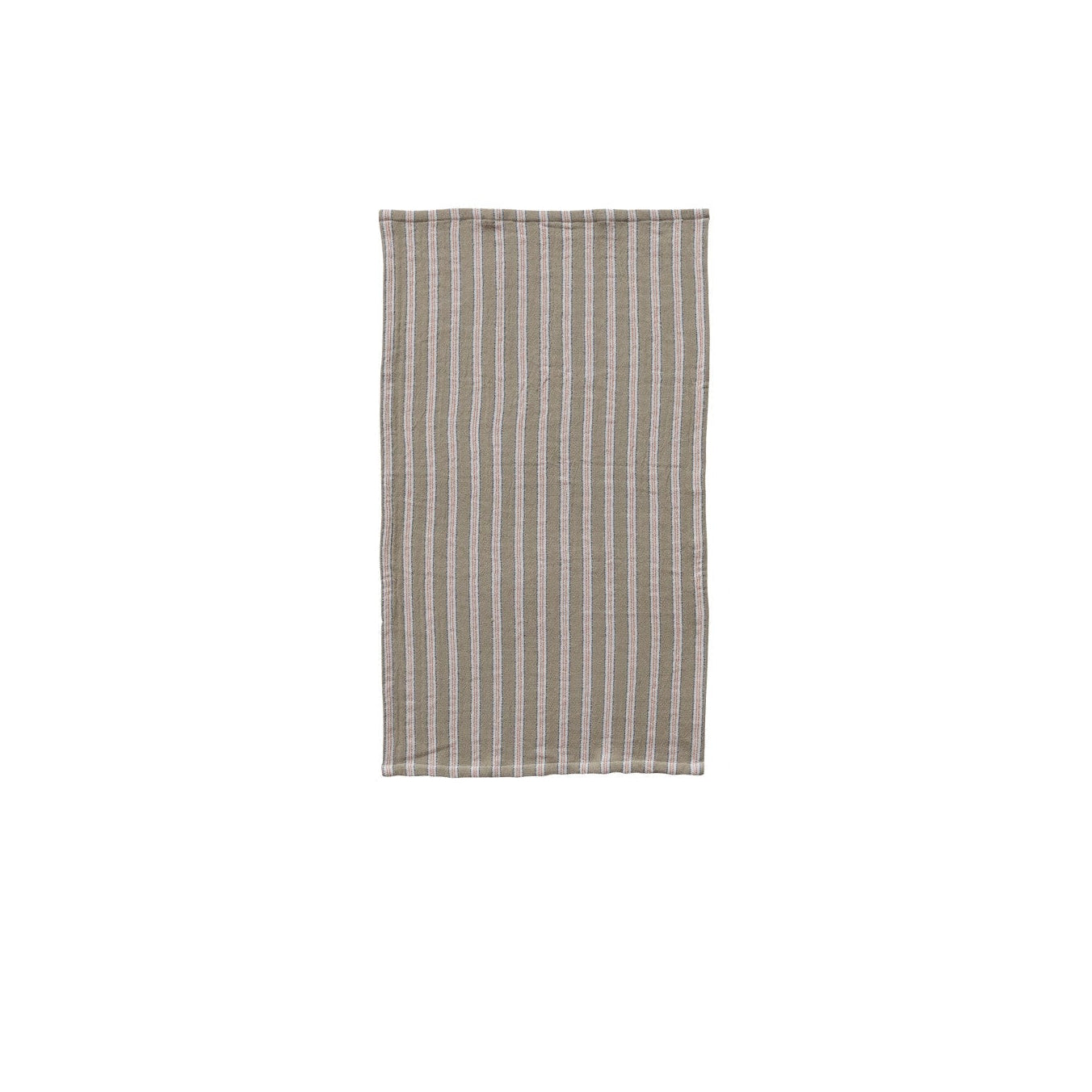 taupe towel with off-white stripes laying flat on a white background