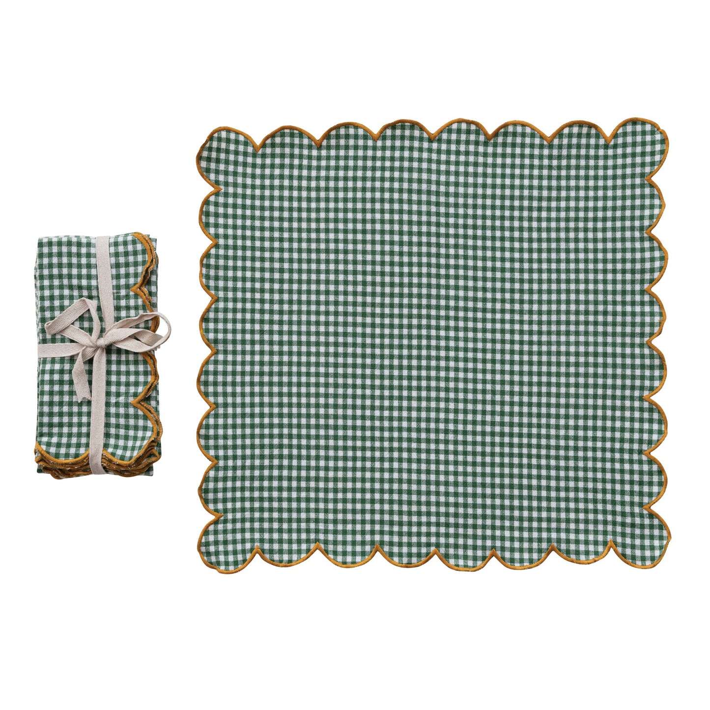 Green checkered napkin laying flat  and matching folded napkin set shown a on a white background