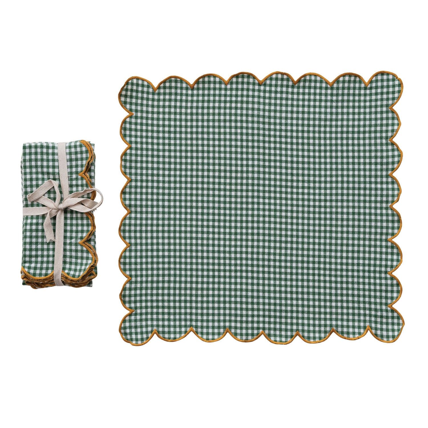 Green checkered napkin laying flat  and matching folded napkin set shown a on a white background