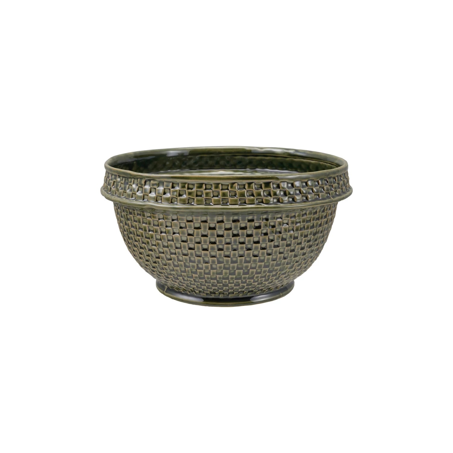 green Ceramic bowl with woven pattern on a white background