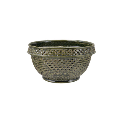 green Ceramic bowl with woven pattern on a white background