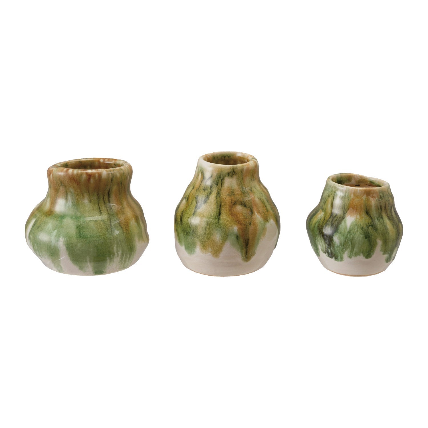 Three ceramic vases with green and brown glaze on a white background