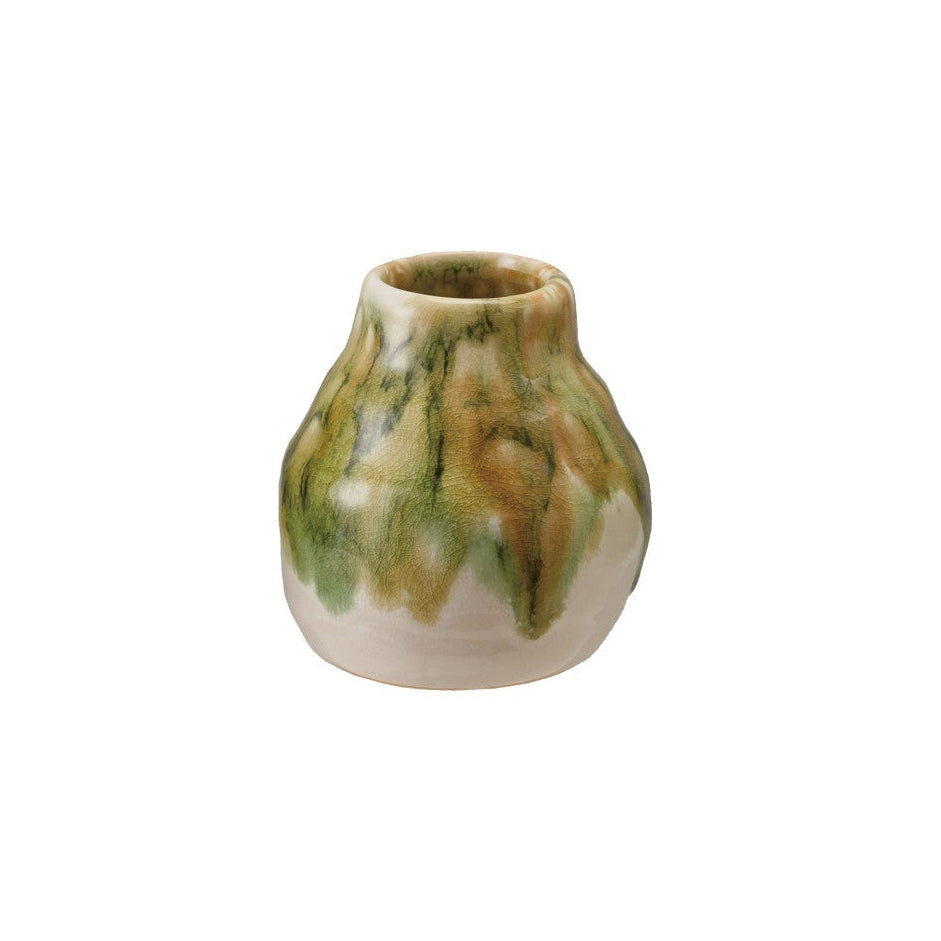 medium ceramic vase with green and brown glaze on a white background