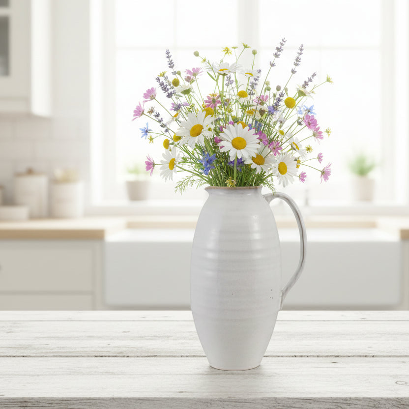 White pitcher with colorful flowers on a wooden surface with a blurred kitchen background