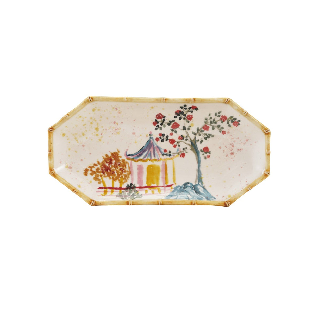 rectangular octagon shaped plate with bamboo style edges and a house and tree on it