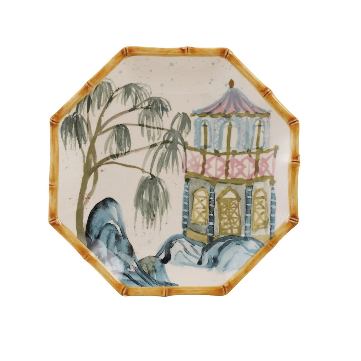 octagon shaped salad plate with bamboo style trim and a house and tree on plate