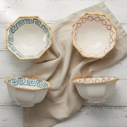 Hand-Painted Stoneware Octagon Shaped Bowls on a white wooden surface with a linen napkin