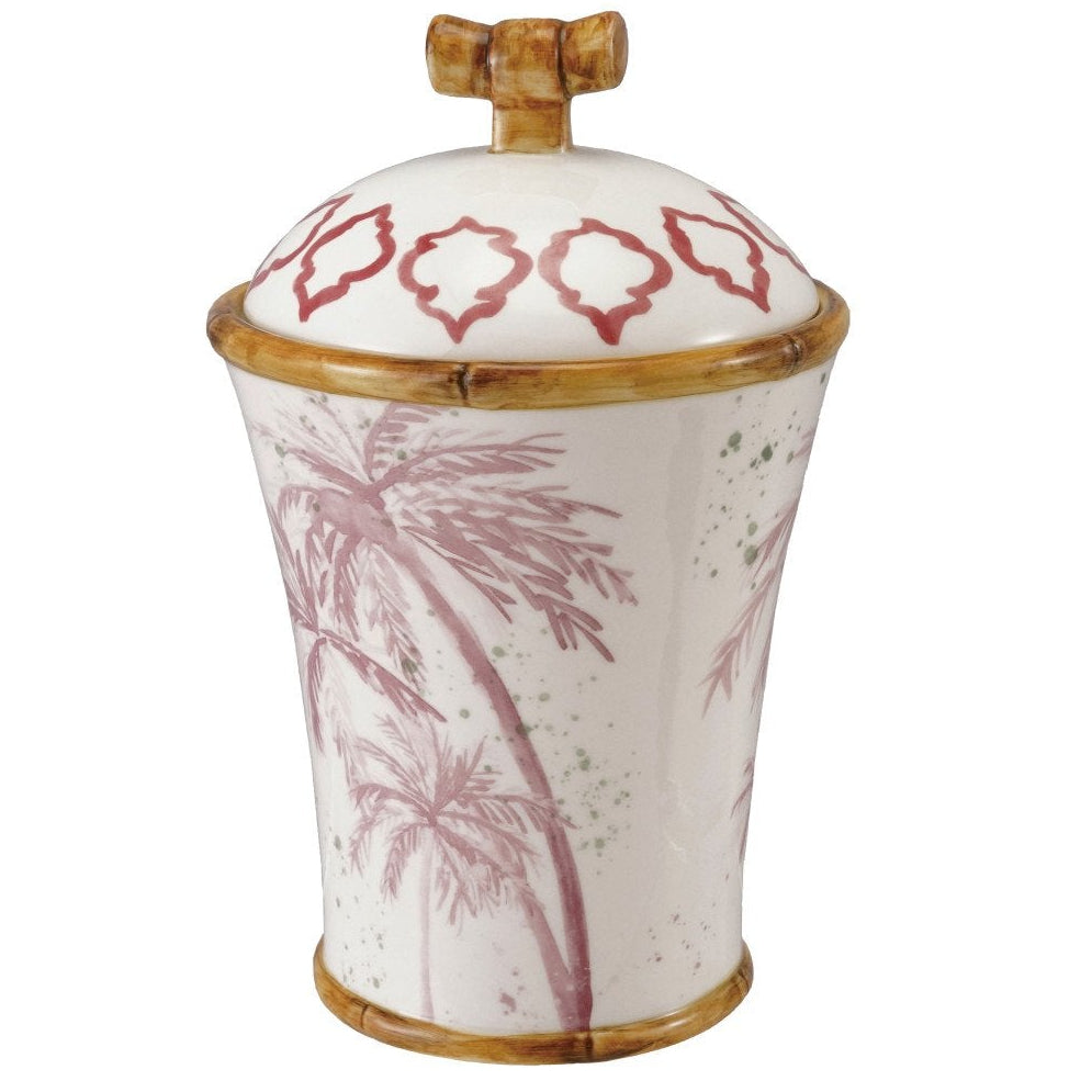 Stoneware Canister with pink Palm Trees design & Bamboo Style Edges