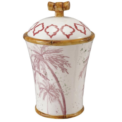Stoneware Canister with pink Palm Trees design & Bamboo Style Edges