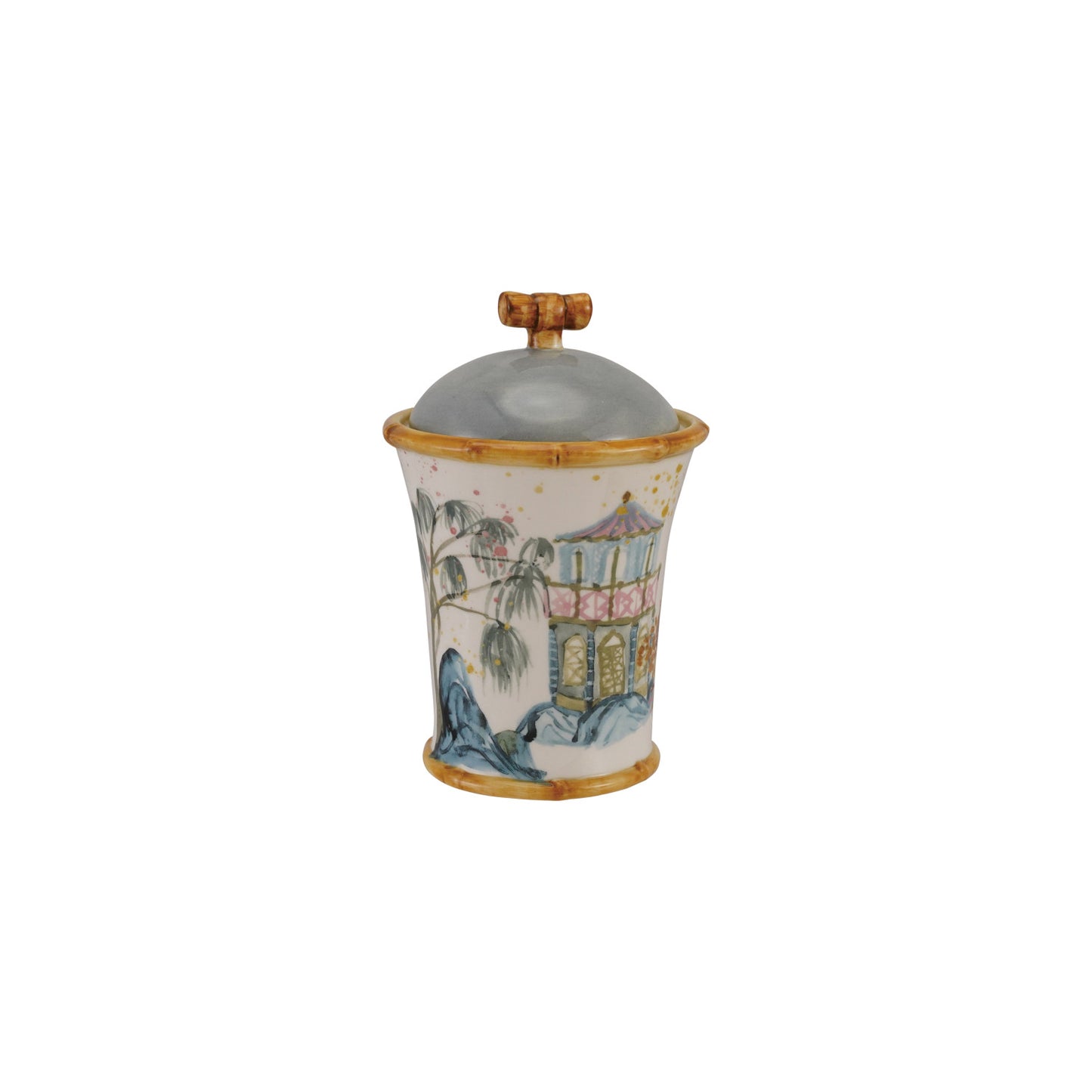 stoneware canister with bamboo style trim with a house and tree on the canister