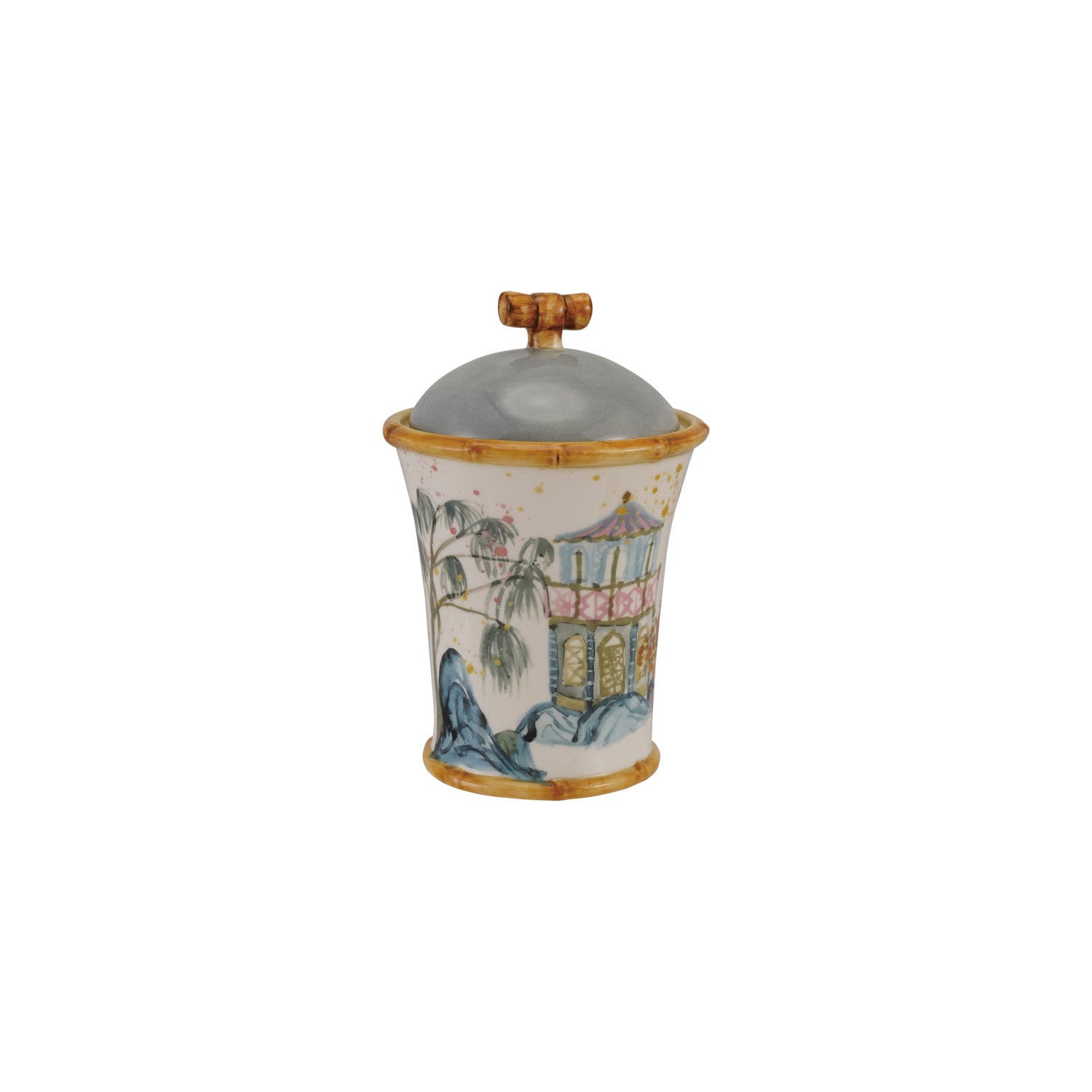stoneware canister with bamboo style trim with a house and tree on the canister