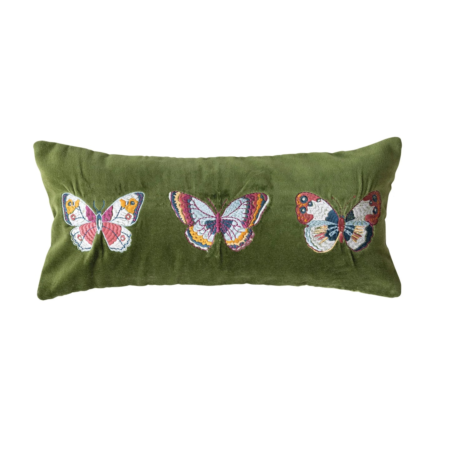 front view of  Embroidered Butterflies Cotton Velvet Lumbar Pillow shown on a white background