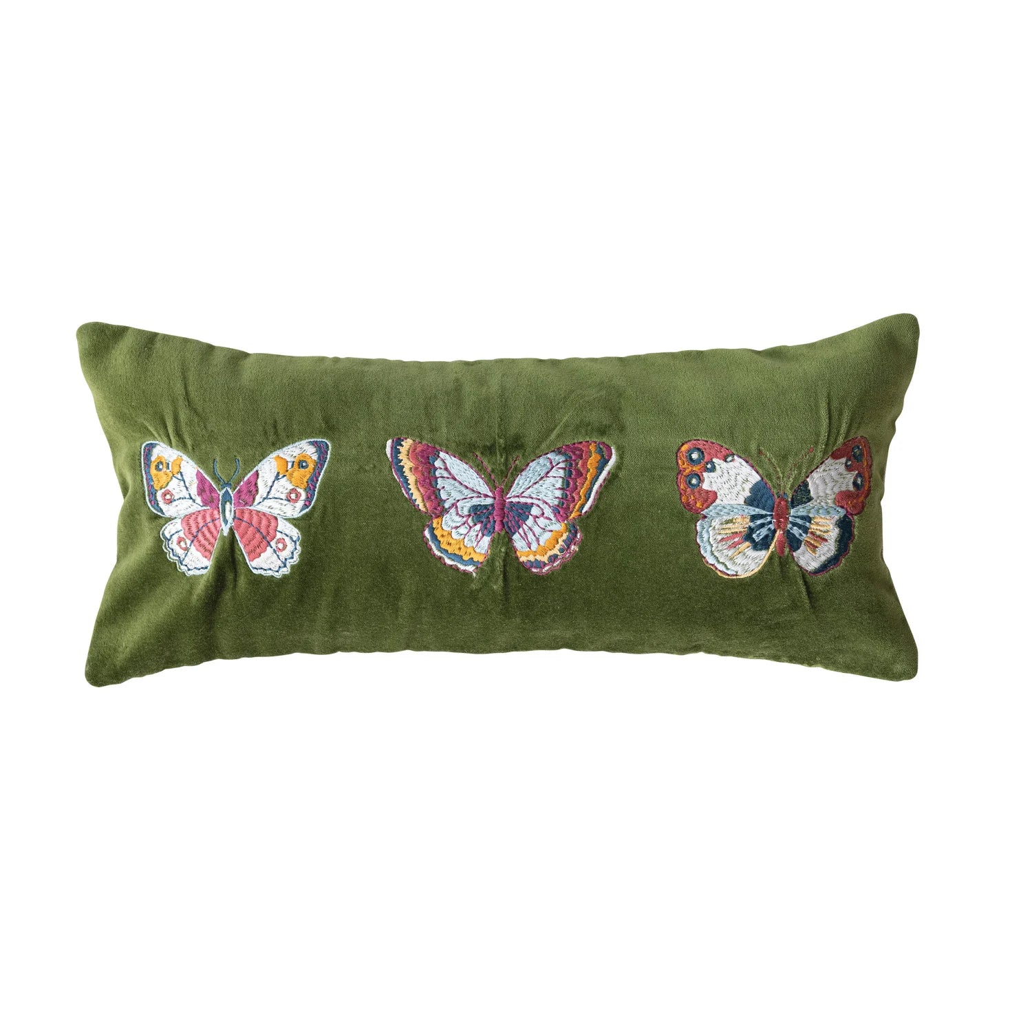 front view of  Embroidered Butterflies Cotton Velvet Lumbar Pillow shown on a white background