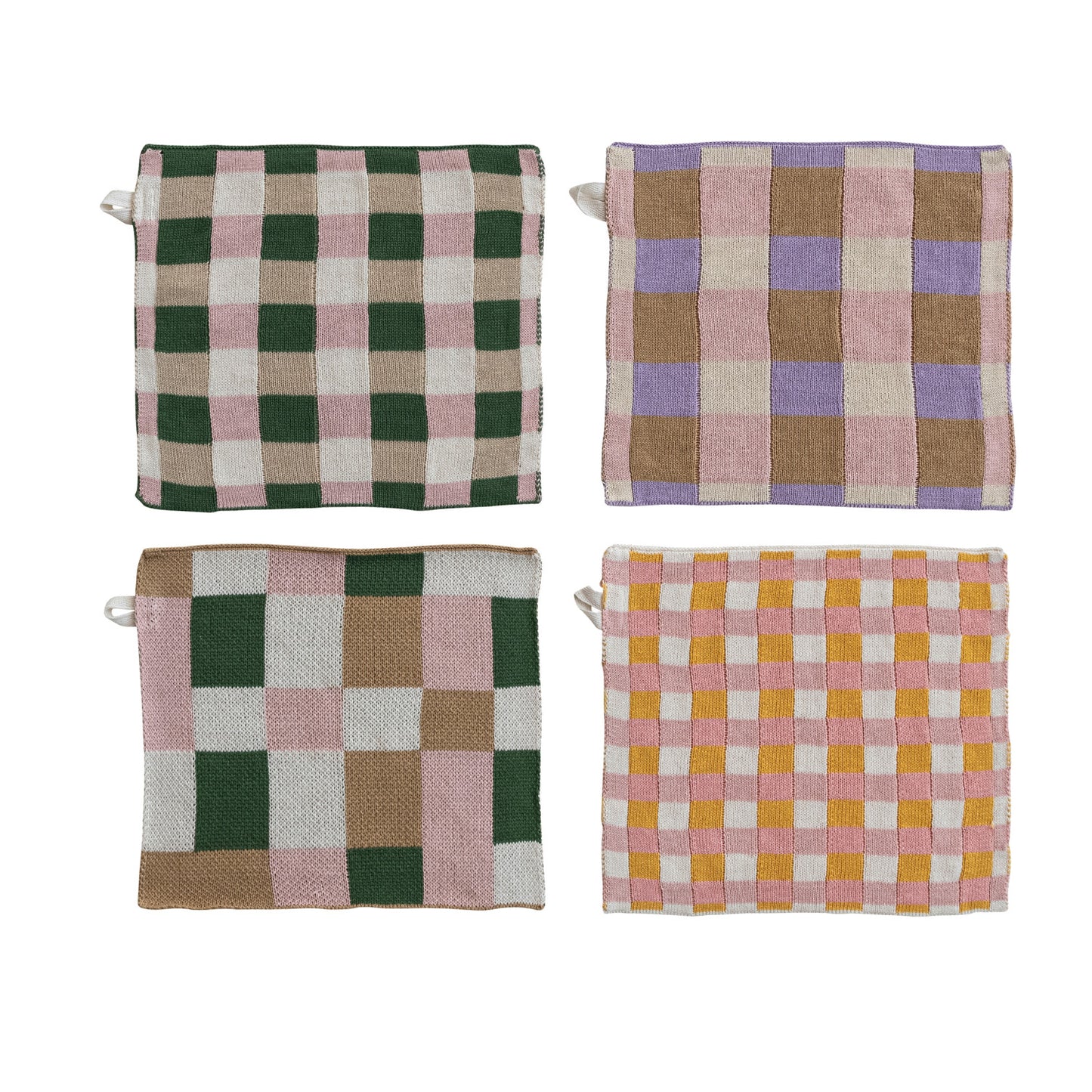 Four checkered dishcloths in different colors on a white background