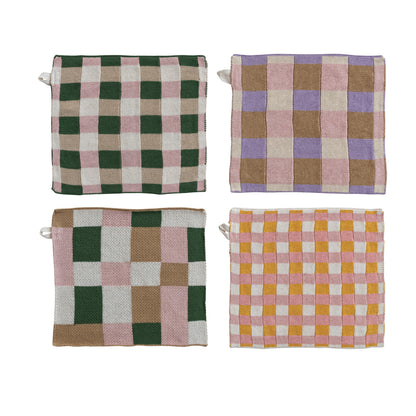 Four checkered dishcloths in different colors on a white background
