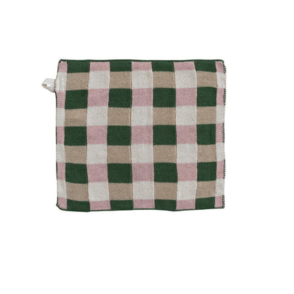 Checkered dishcloth  with green, pink, and beige pattern on a white background