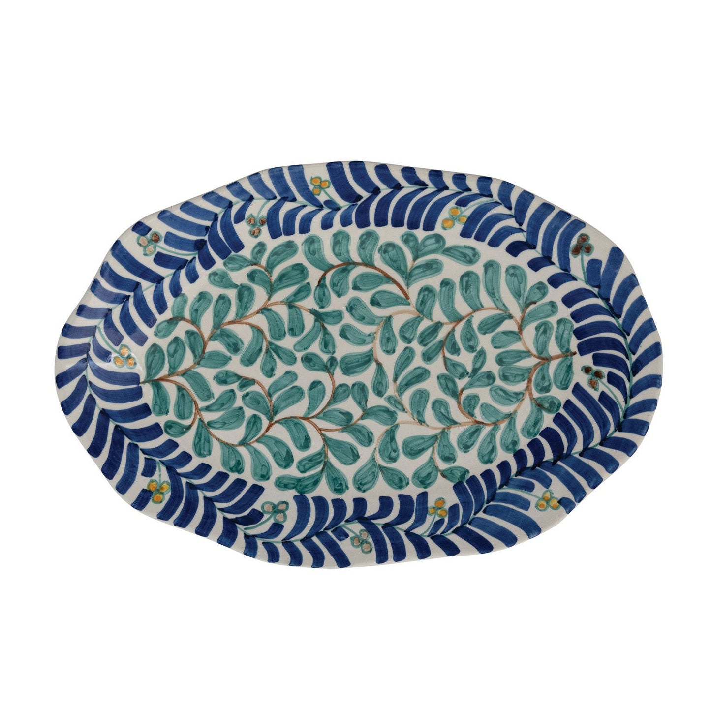 top view of Decorative oval platter with blue and green pattern on a white background