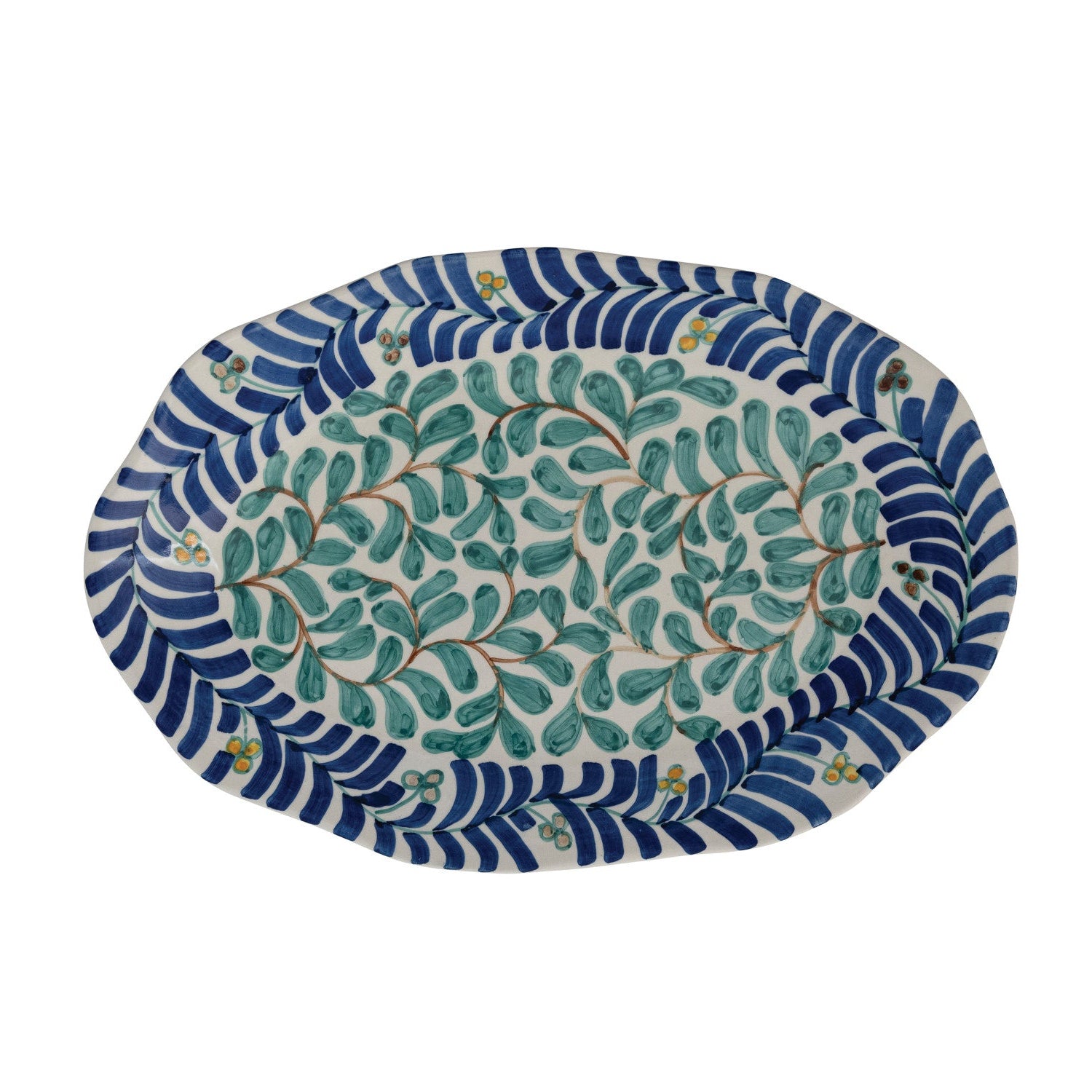 top view of Decorative oval platter with blue and green pattern on a white background