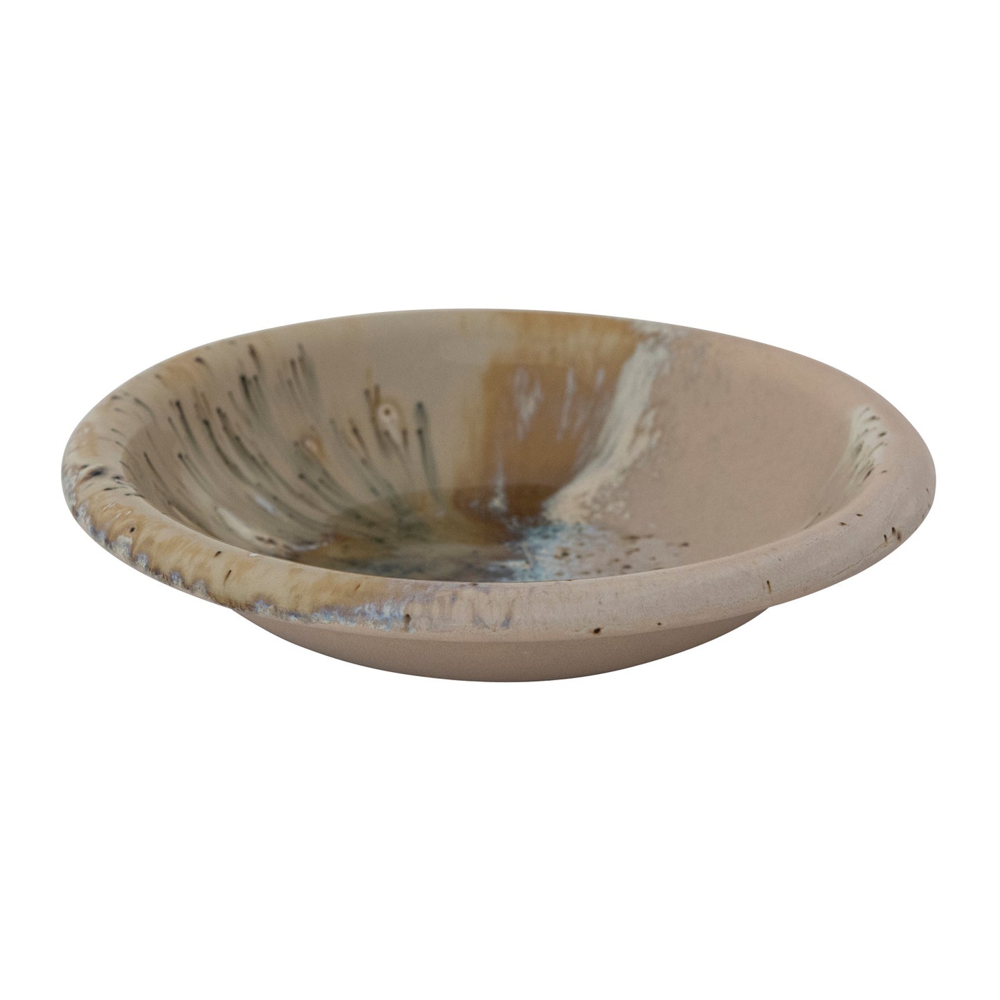 side view of bowl with brown, beige, and blue reactive glaze