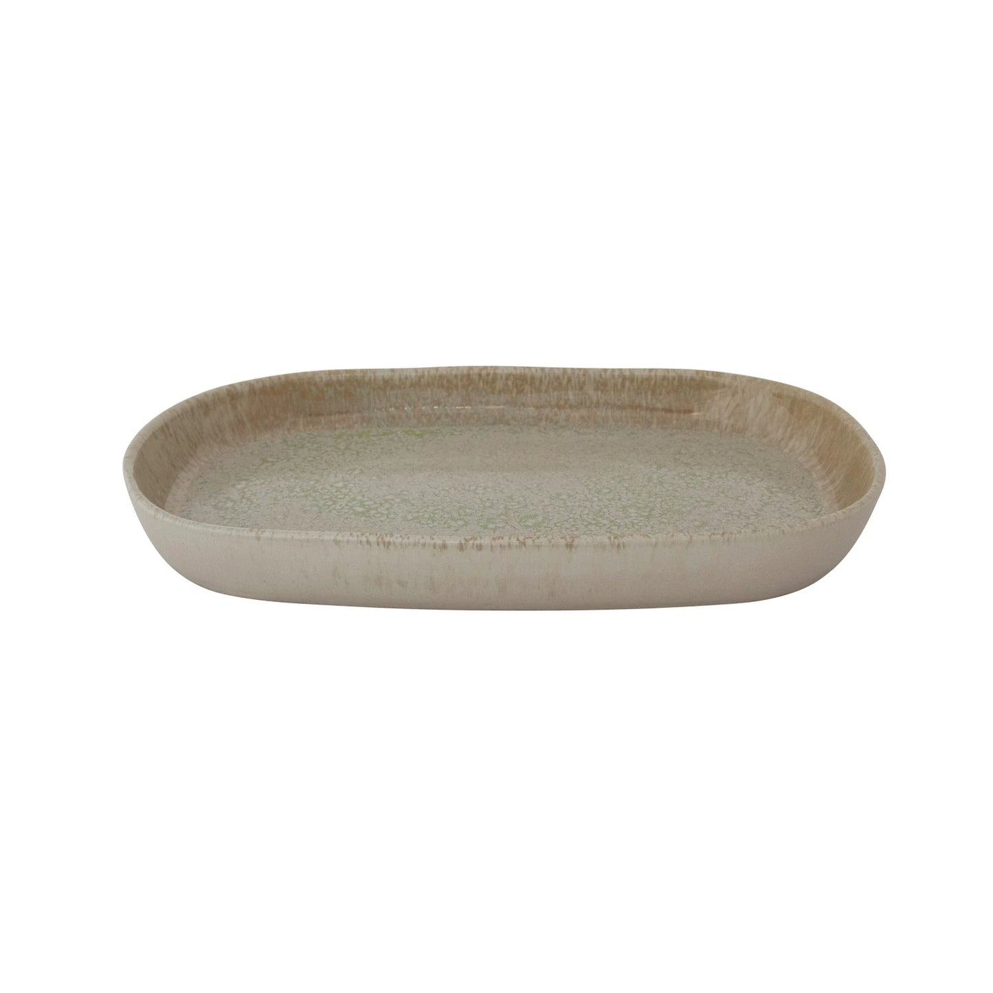 side view of Rectangular ceramic platter with reactive glaze design on a white background