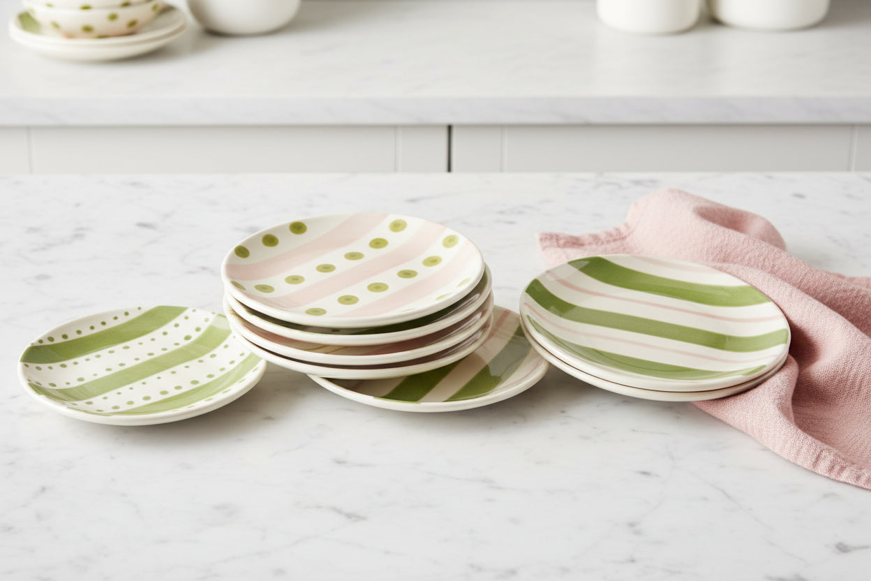 assorted small round plates with pink and green dots and stripes stacked on a countertop with a pink dishtowel