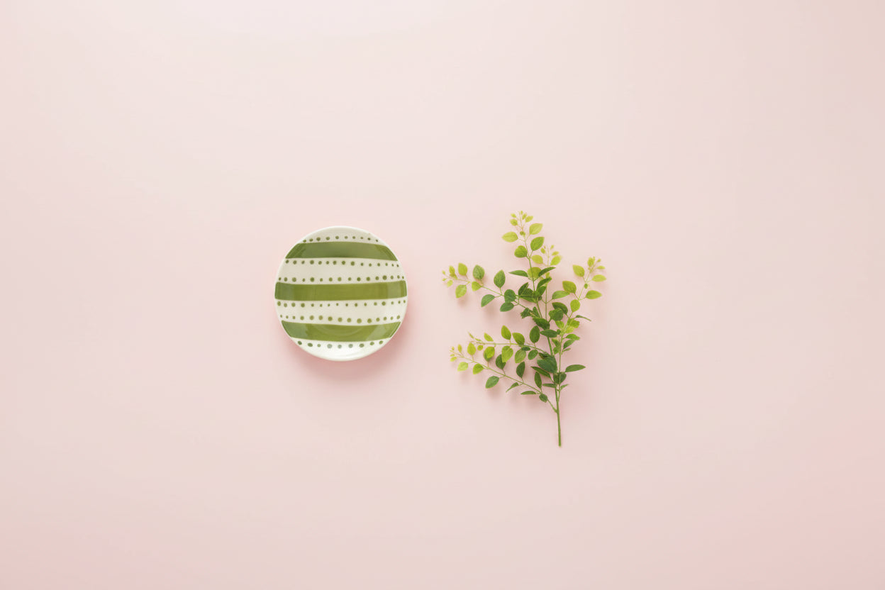 small round plate with green stripes and dots on a light pink background with a sprig of greenery
