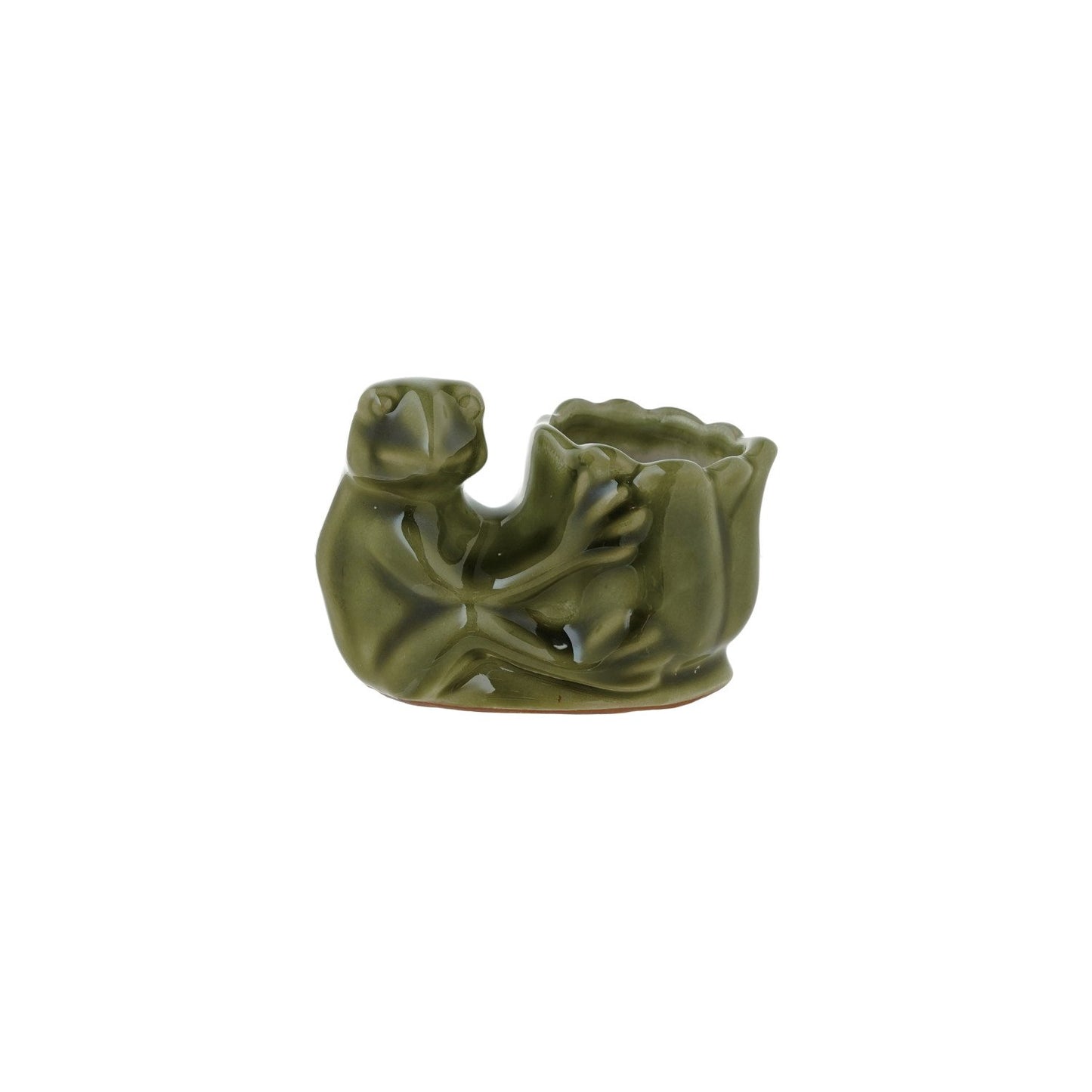 green Stoneware Frog Holding Flower Shaped Vase shown on a white background