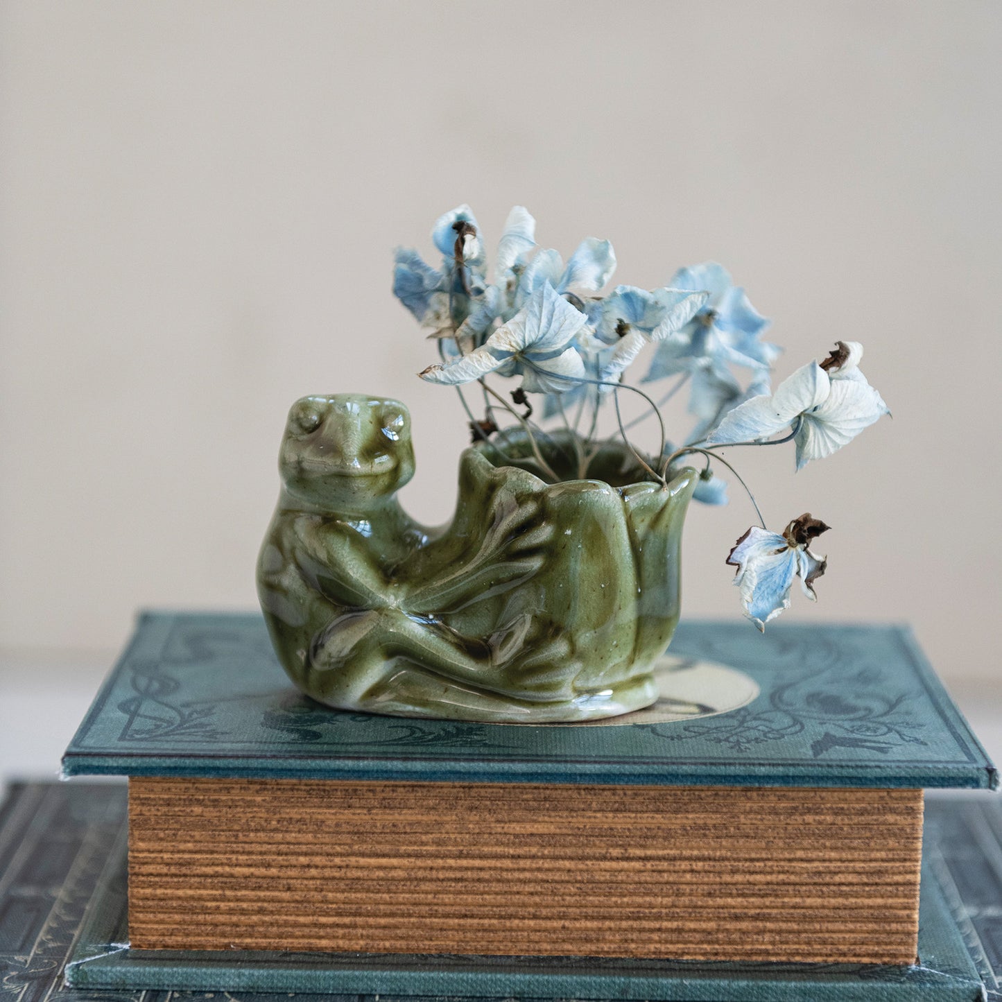 Ceramic frog vase with flowers on a textured surface