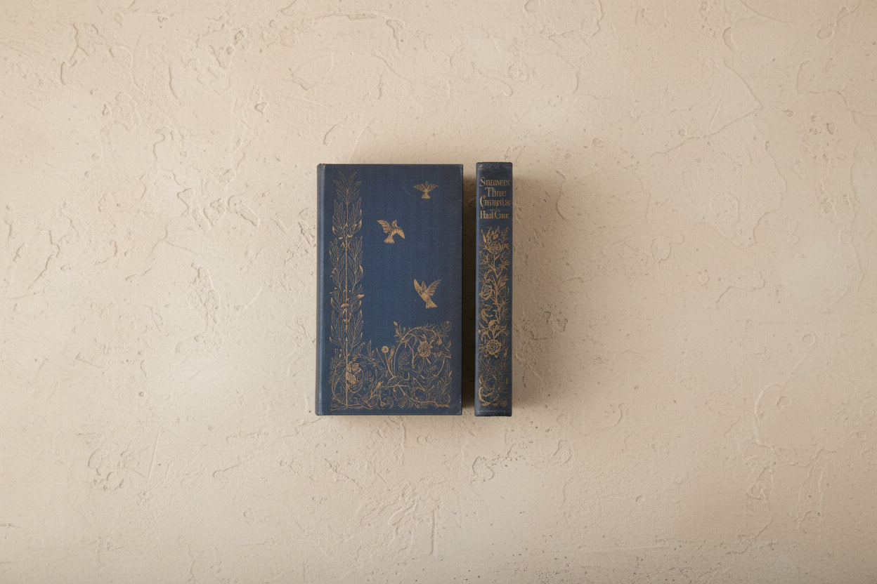 Blue book with gold embossed design on a beige textured surface. title on spine "sonnets three centauries"