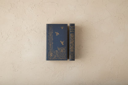 Blue book with gold embossed design on a beige textured surface. title on spine "sonnets three centauries"