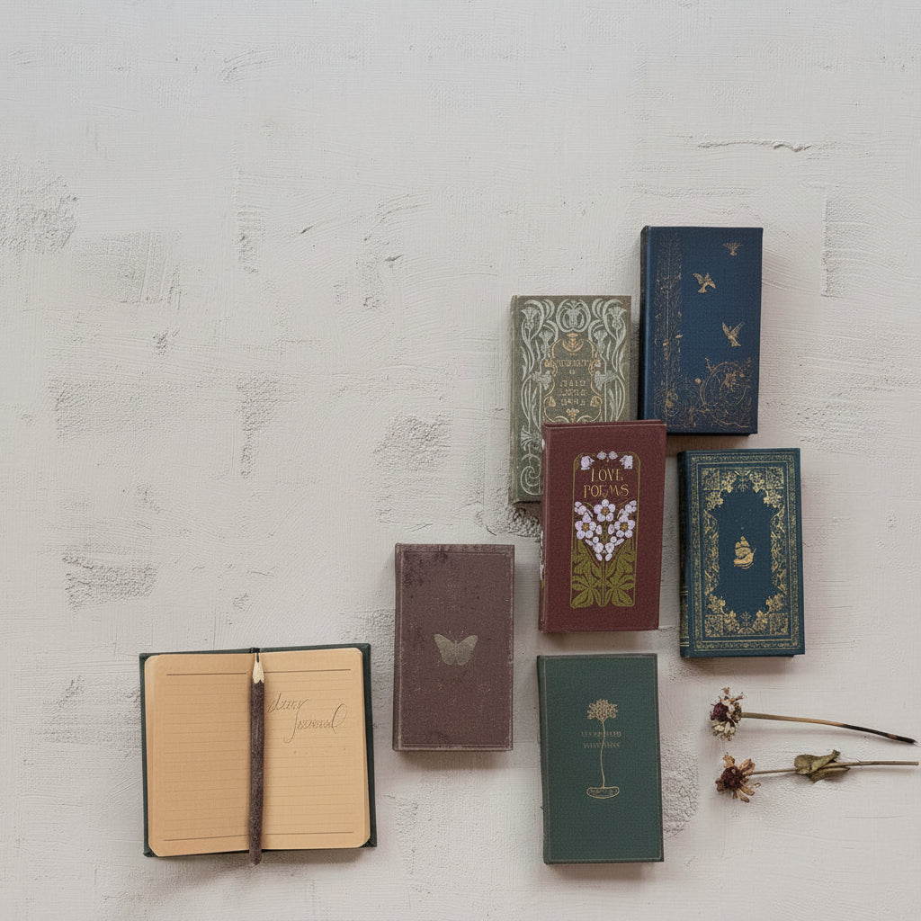 assorted books, one open showing lined pages with a pencil set on it arranged on a grey surface with dried botanicals