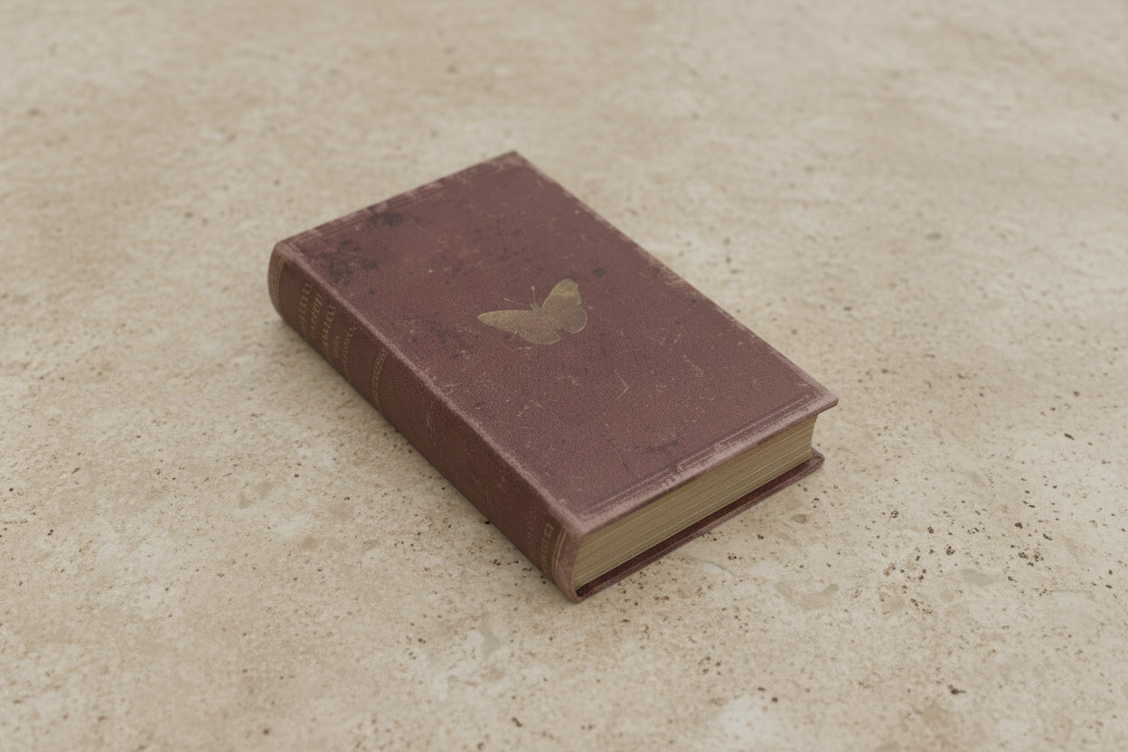 maroon book with gold butterfly on cover and title on spine: " british butterflies and moths", laying on a beige stone surface