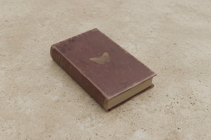 maroon book with gold butterfly on cover and title on spine: " british butterflies and moths", laying on a beige stone surface