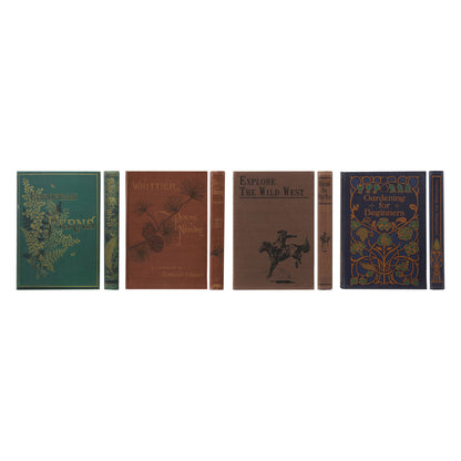 six vintage-style books with decorative covers on a white background
