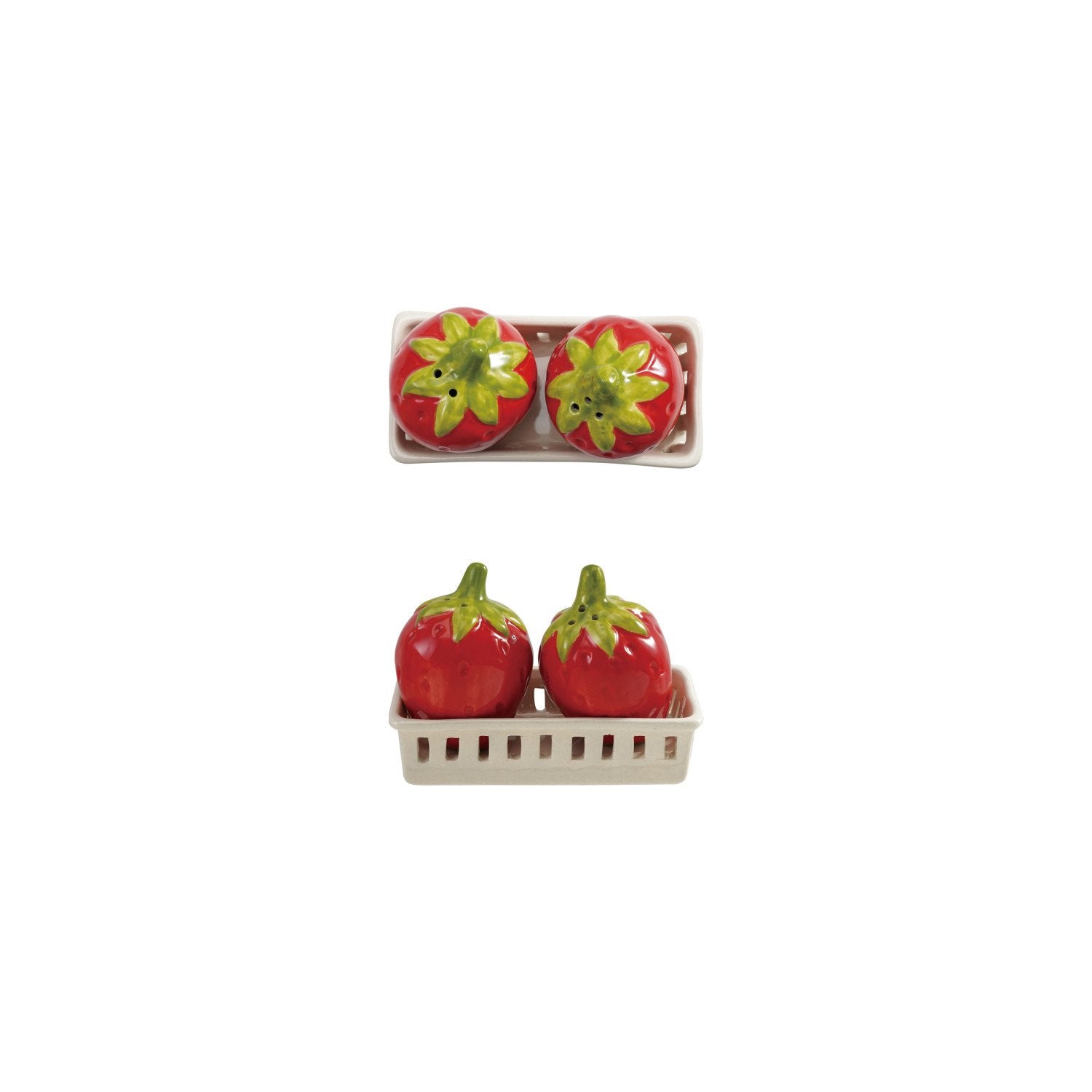 top and side views of Strawberry Salt & Pepper Shakers in Basket