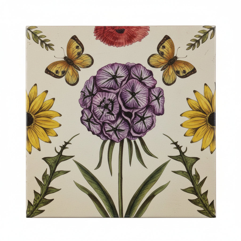 matchbox with purple flower in the center and butterflies and greenery around it