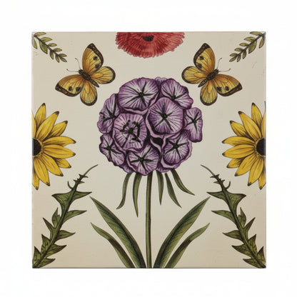 matchbox with purple flower in the center and butterflies and greenery around it