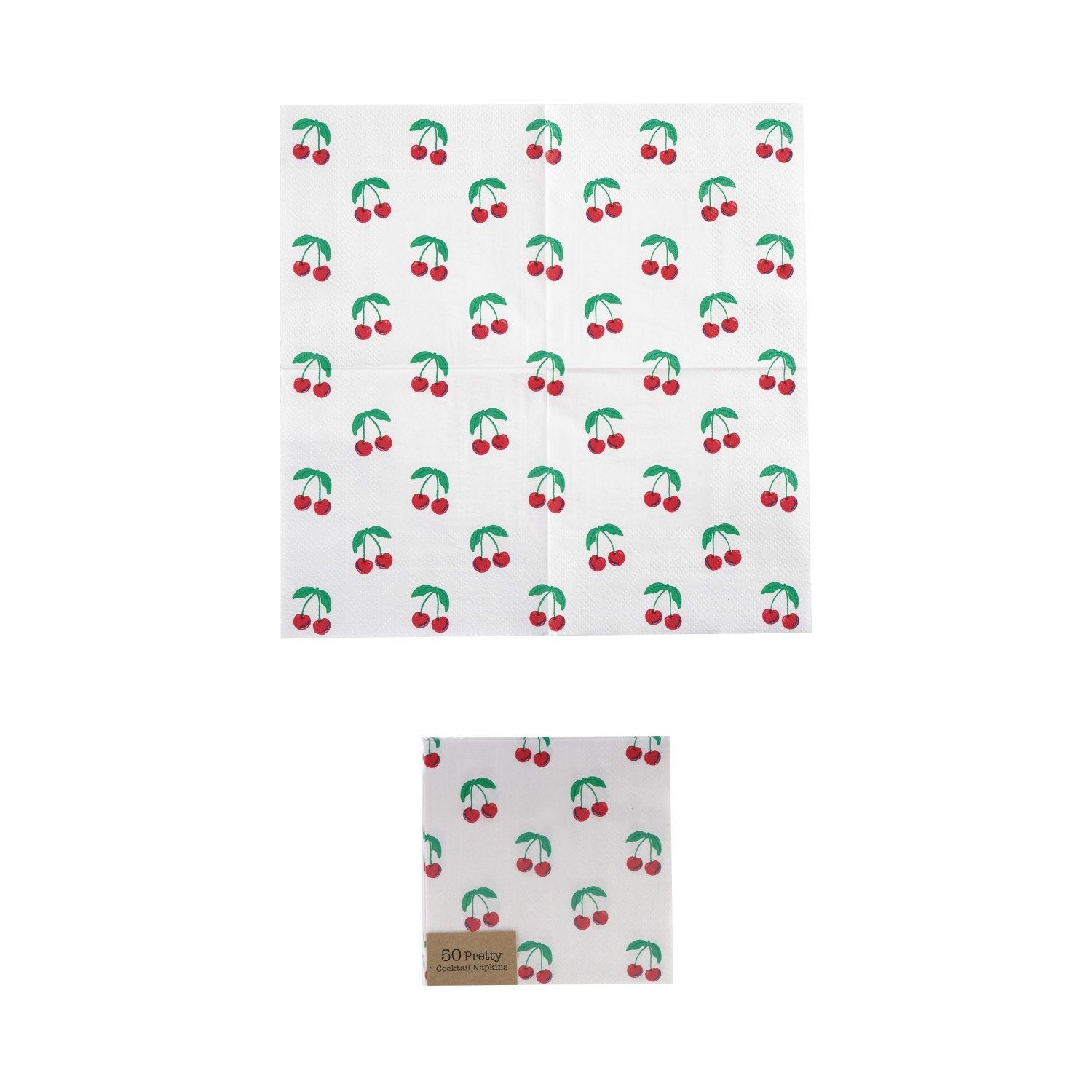 Paper Cocktail Napkin with cherries printed on it laying flat with a pack of more cheery napkins below it