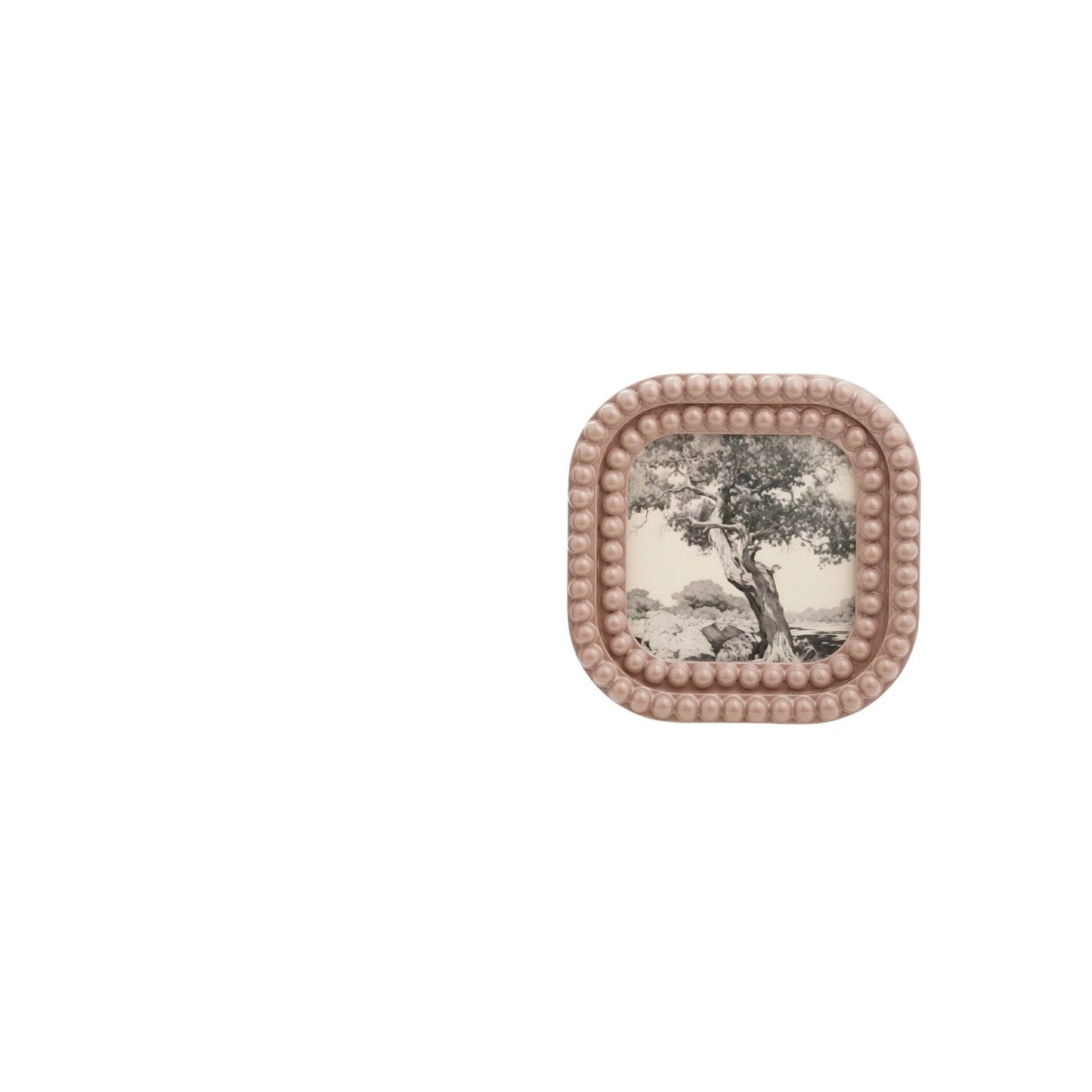 lavender frame with wood beaded rim and image of tree in it