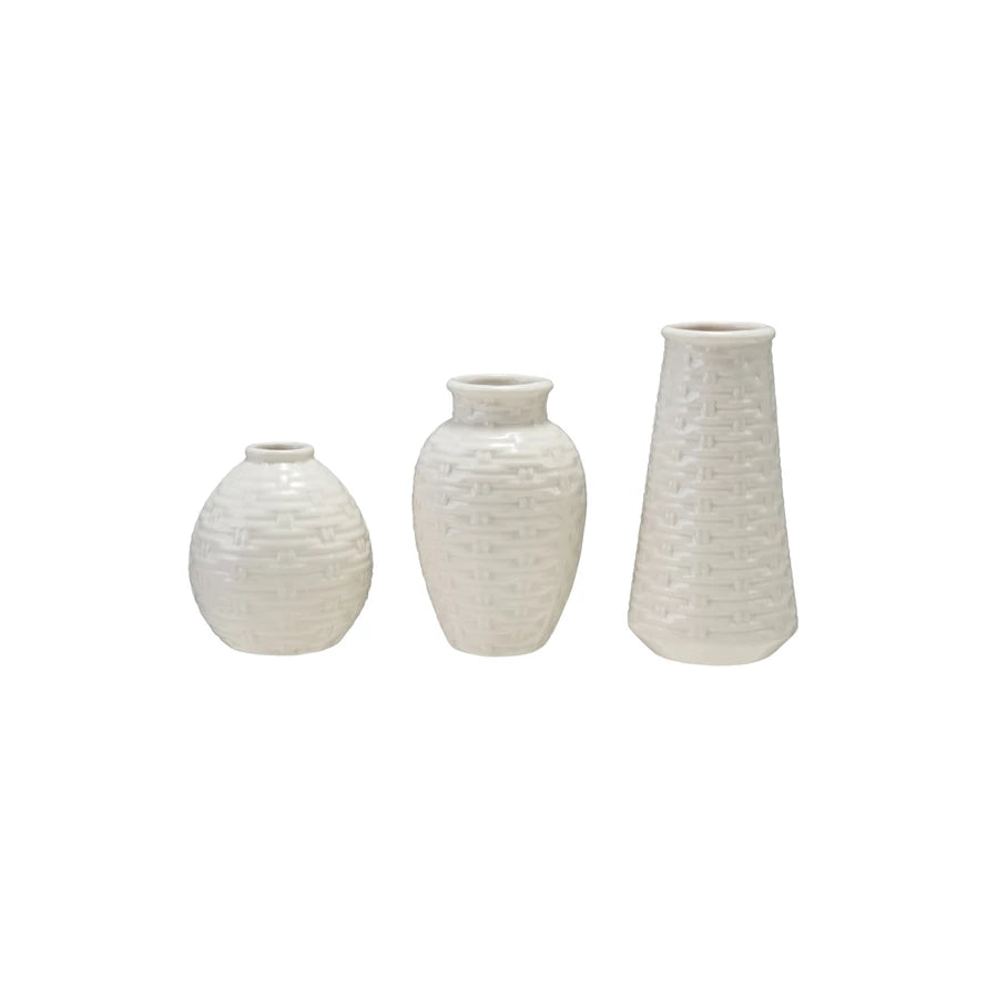 3 sizes of white Basket Weave Vases in a row on a white background