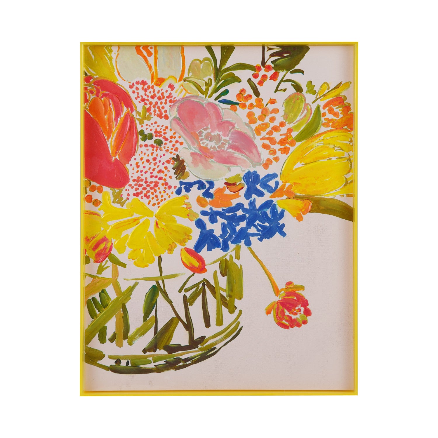 yellow framed multicolored canvas art of a vase with flowers