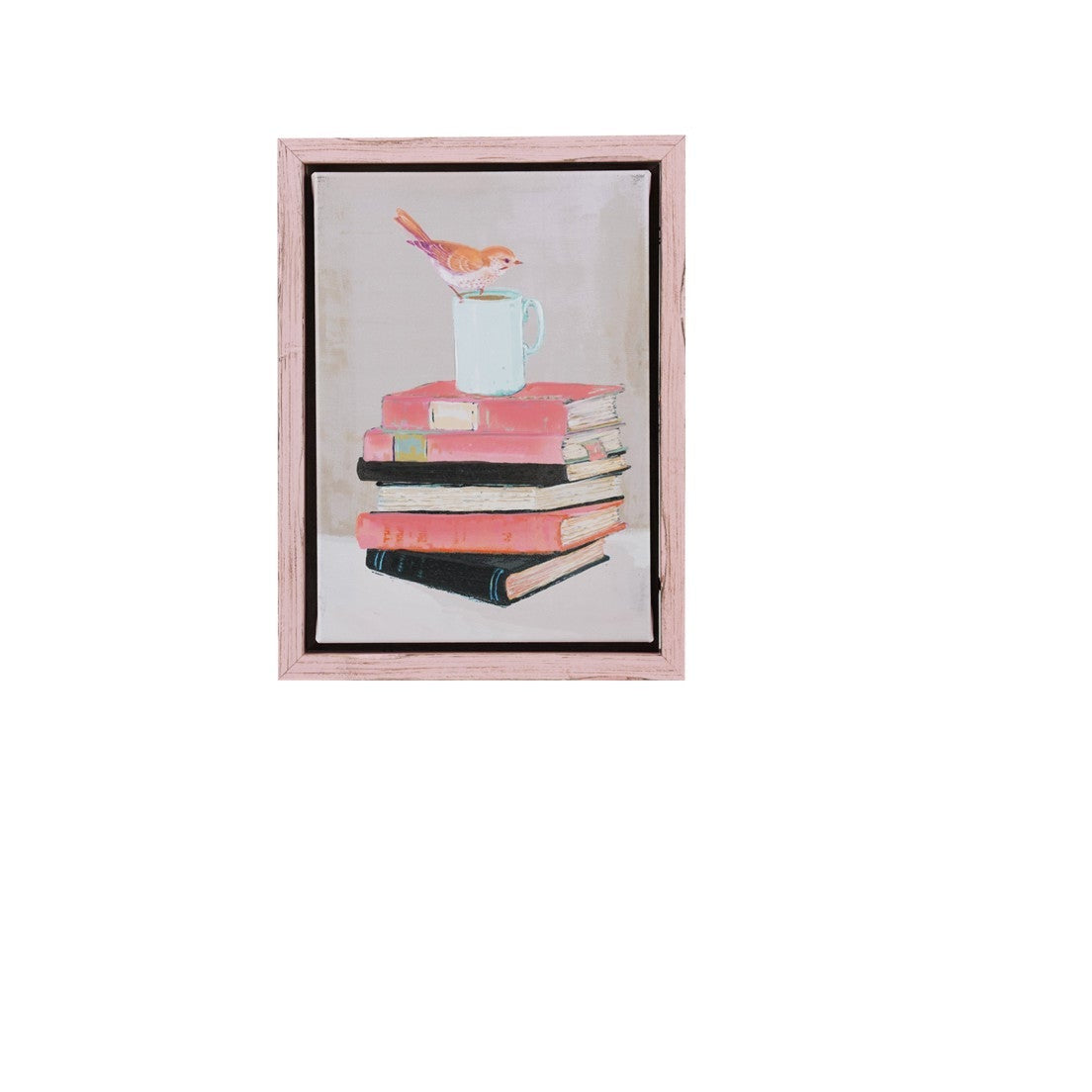pink framed art print featuring a stack of pink and black books with a small orange bird perched on a white mug, set against a light background.