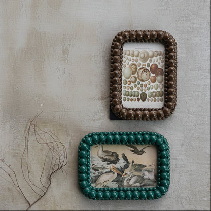 2 picture frames shown on a beige plaster surface. one is brown with image of assorted birds eggs in it, the other is deep teal with image of sea birds in it