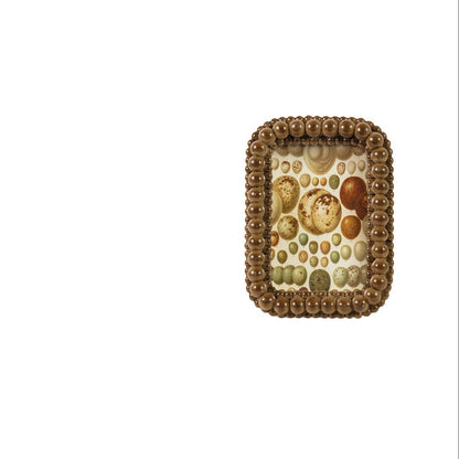 decorative beaded brown frame with image of assorted eggs in it