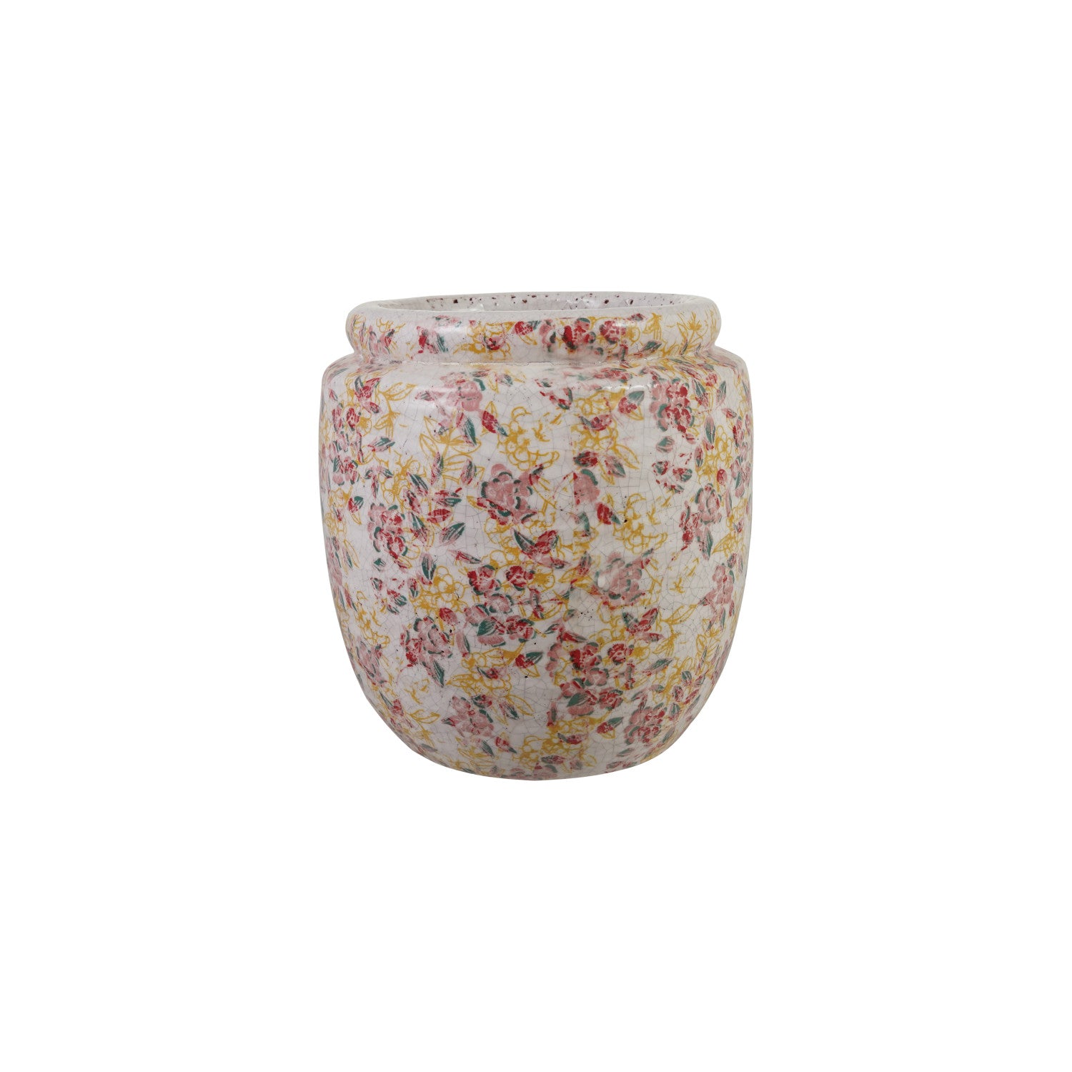 off-white planter with pink and yellow floral design shown on a white background