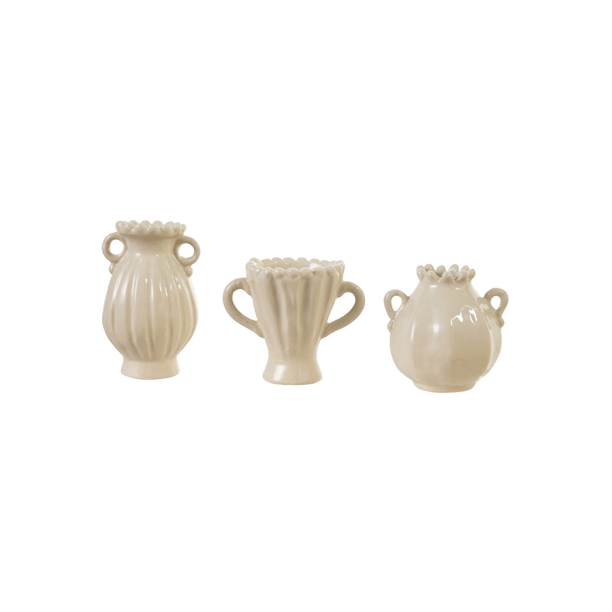 3 assorted bud vase in a row on a white background