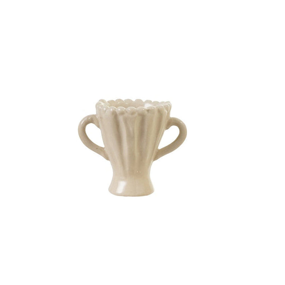 medium sized little vase with wide mouth, scalloped rim, and little handles
