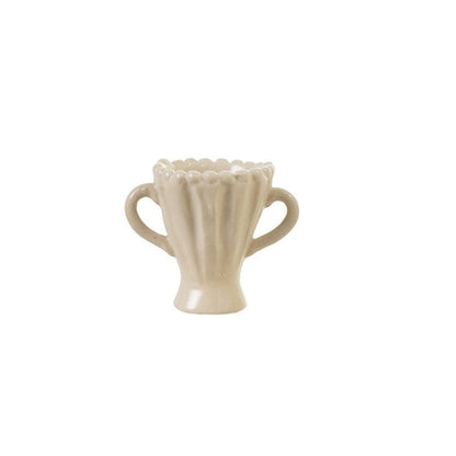 medium sized little vase with wide mouth, scalloped rim, and little handles